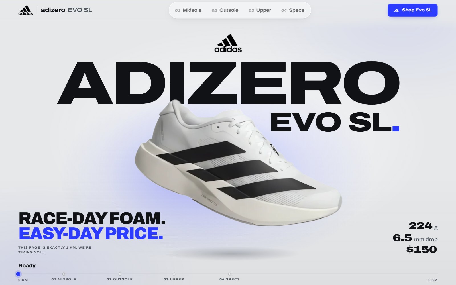 אתר הקונספט של Adizero Evo SL במחשב: מסך הפתיחה, הנעל מרחפת מתחת לשם שלה