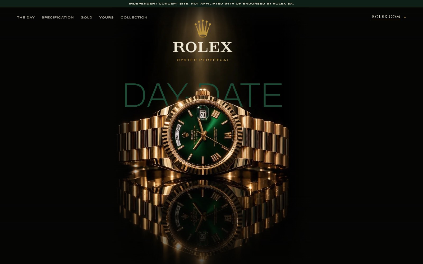 אתר הקונספט של Rolex Day-Date 40 במחשב: סוף הסרט, השעון על זכוכית שחורה מתחת ללוגו