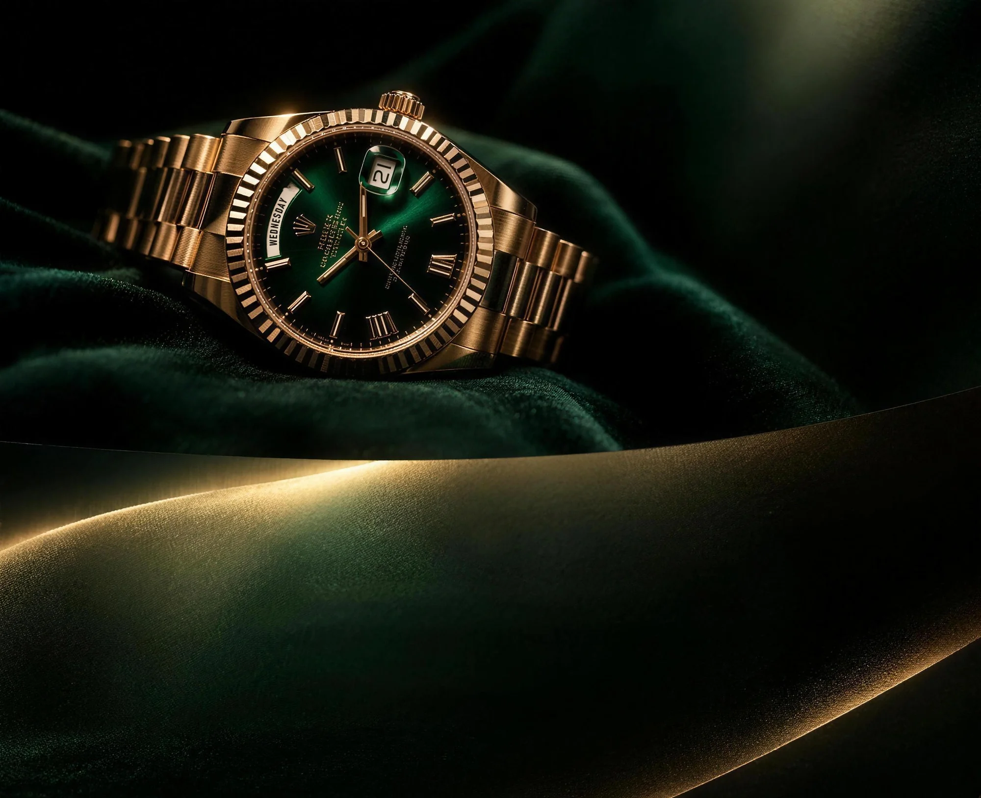 The Day-Date 40 resting on dark green velvet, above a ribbon of gold silk