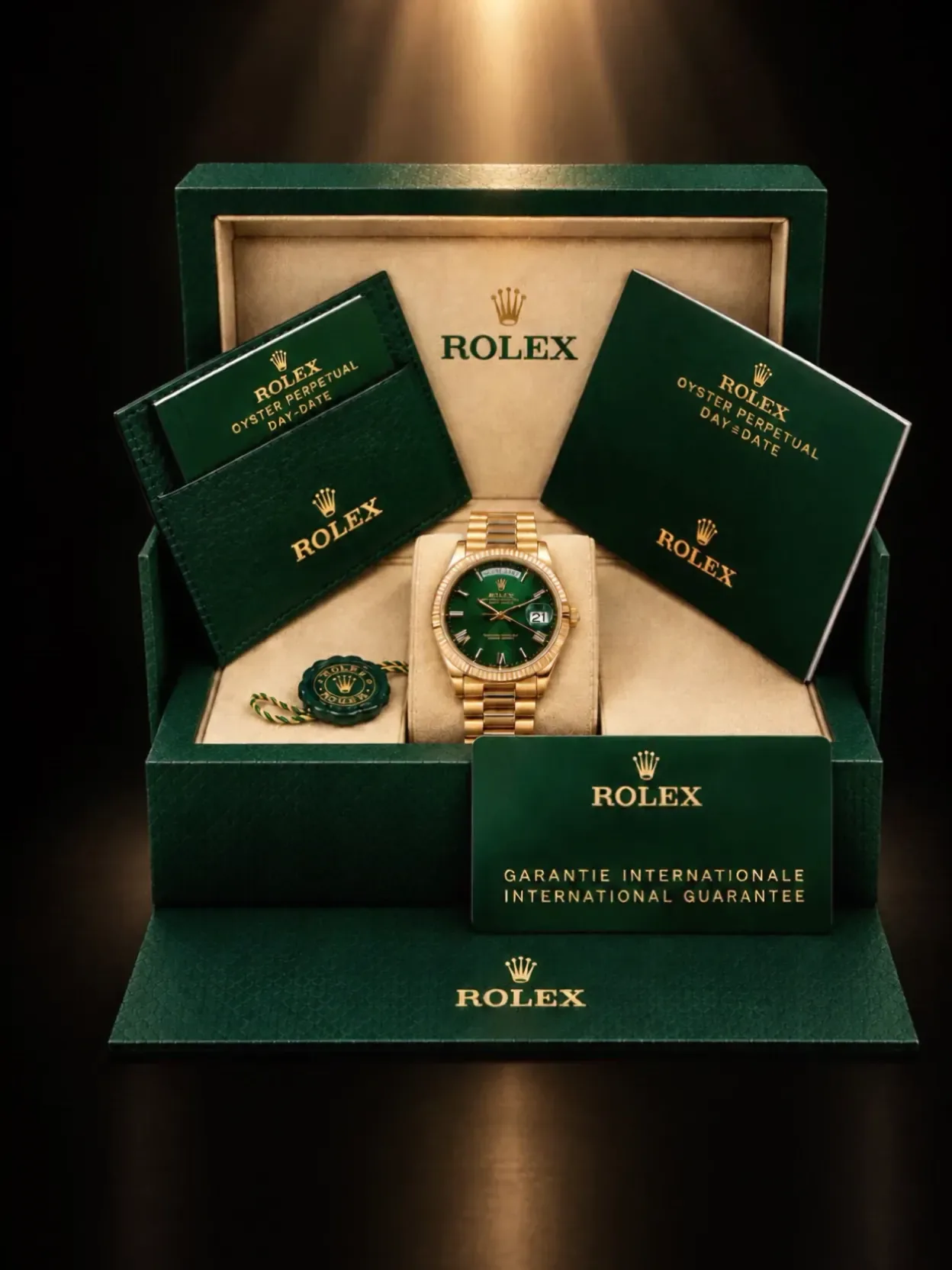 The Day-Date 40 in its open green presentation box