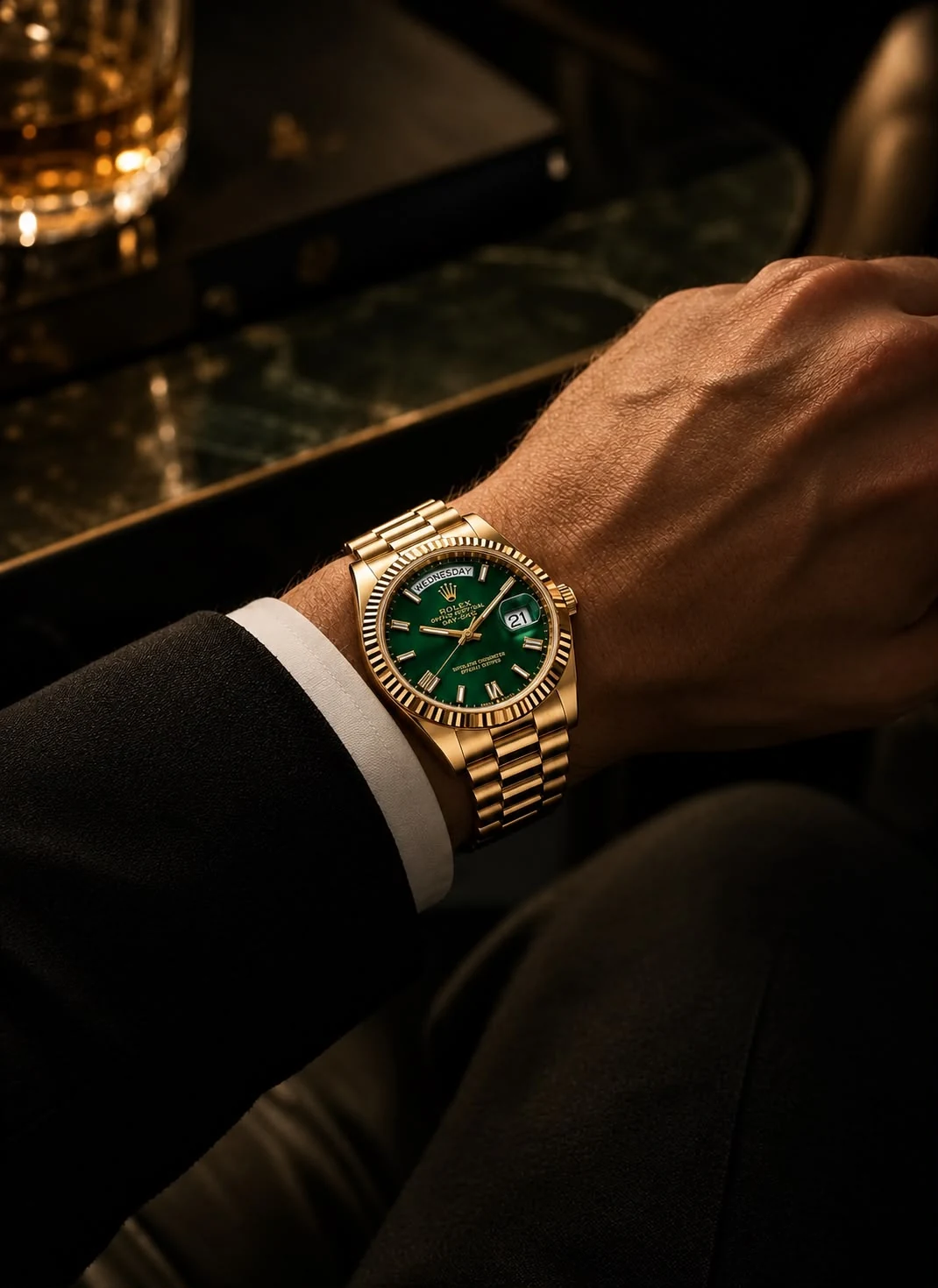 The Day-Date 40 on a wrist in a dark suit and white cuff, a glass of whisky on the green marble table beyond